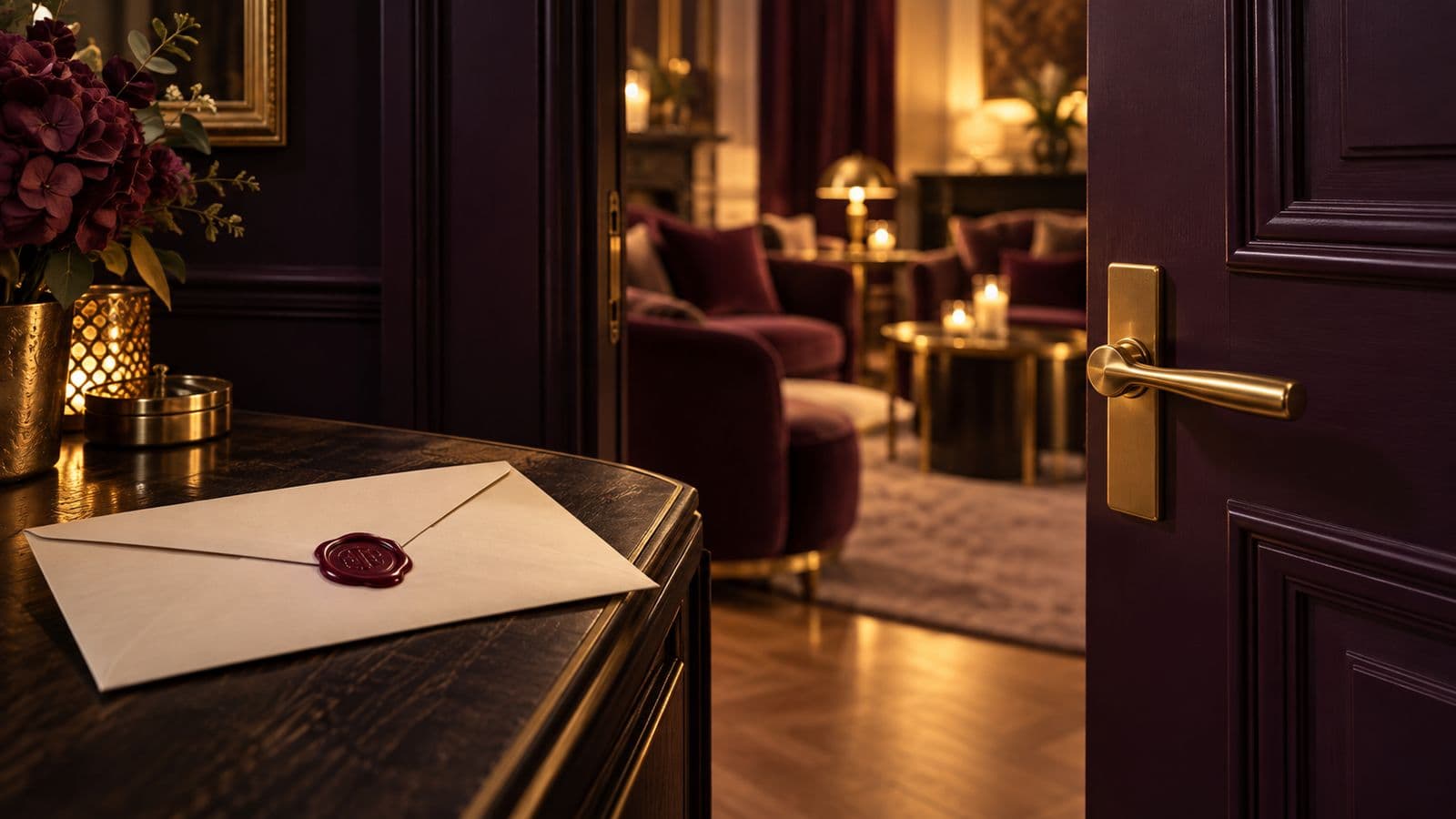 Une invitation cachetée devant une porte aubergine entrouverte sur un salon privé aux lumières dorées.