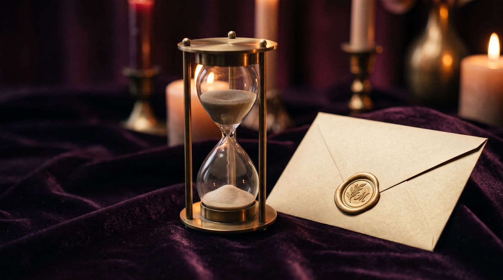Sablier doré et carte cachetée de cire, symbole du temps et de la prévention face aux IST