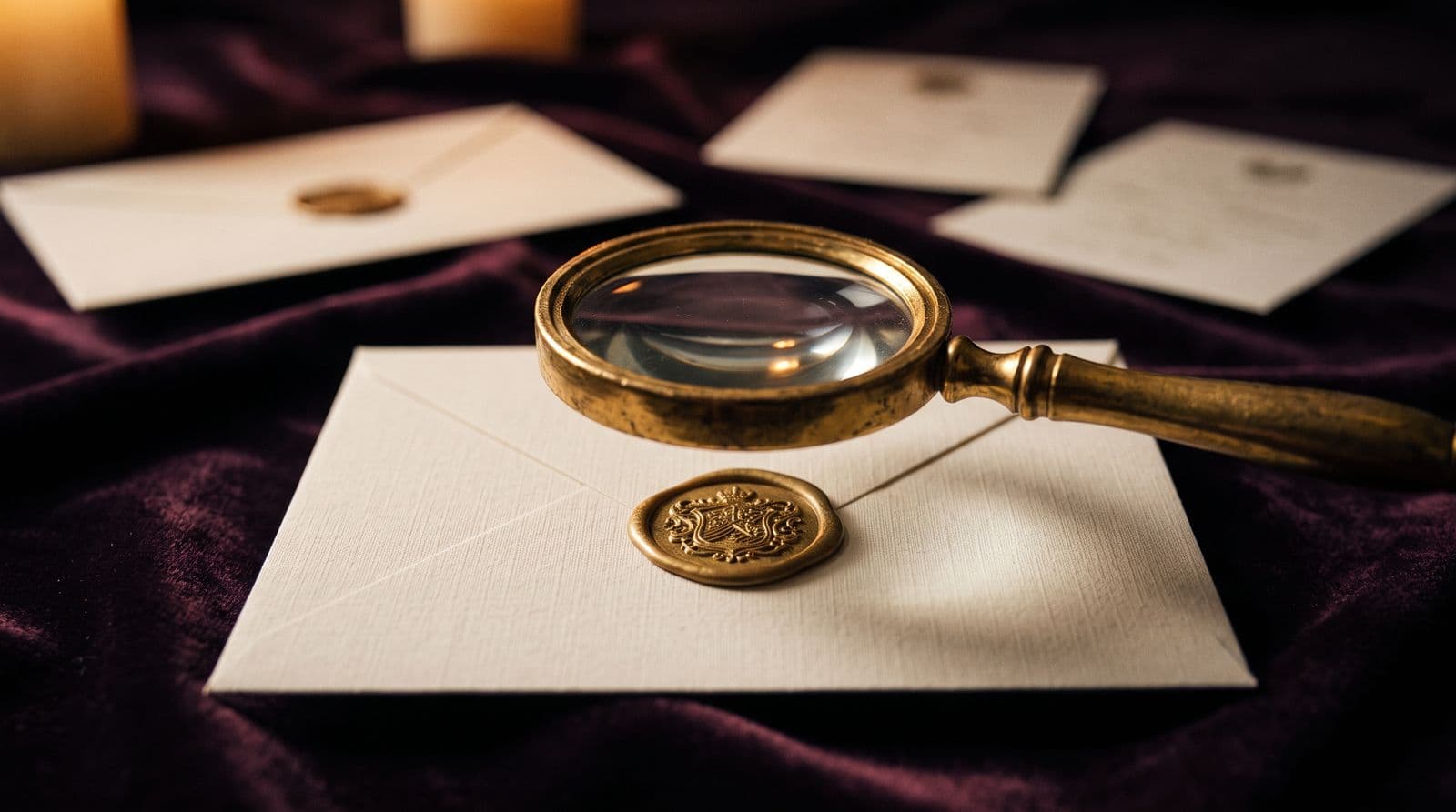 Loupe dorée examinant le sceau de cire d'une carte d'invitation, symbole du discernement pour choisir son application libertine