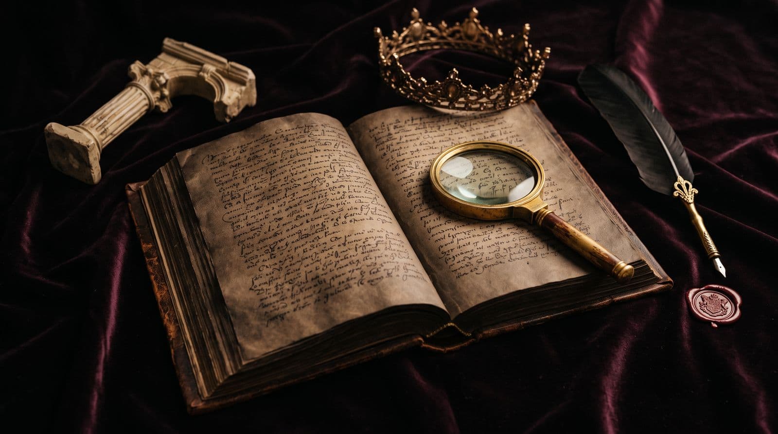 Un dictionnaire ancien ouvert sous une loupe dorée, avec des symboles antiques (couronne, oiseau, arche