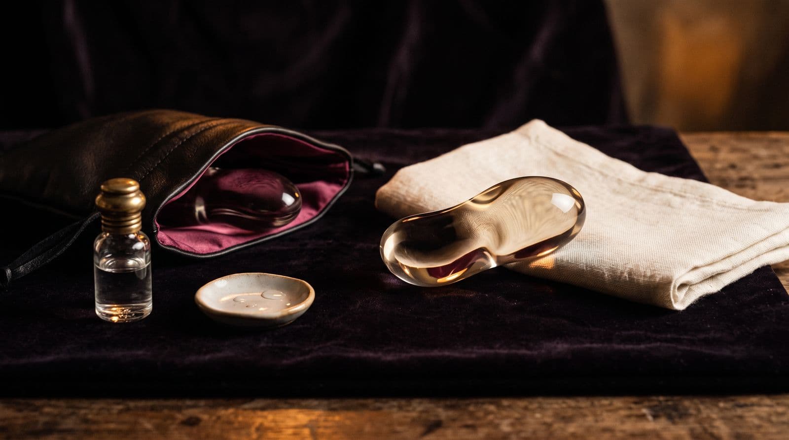 Nécessaire de soin ouvert avec un objet en verre et un linge plié, symbole de l'hygiène des sextoys en soirée