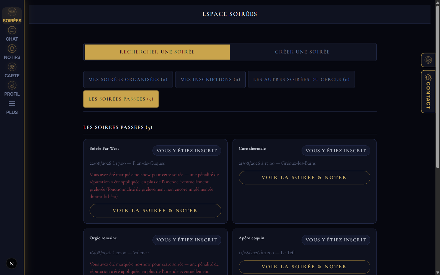 Espace Événements, liste des événements passés
