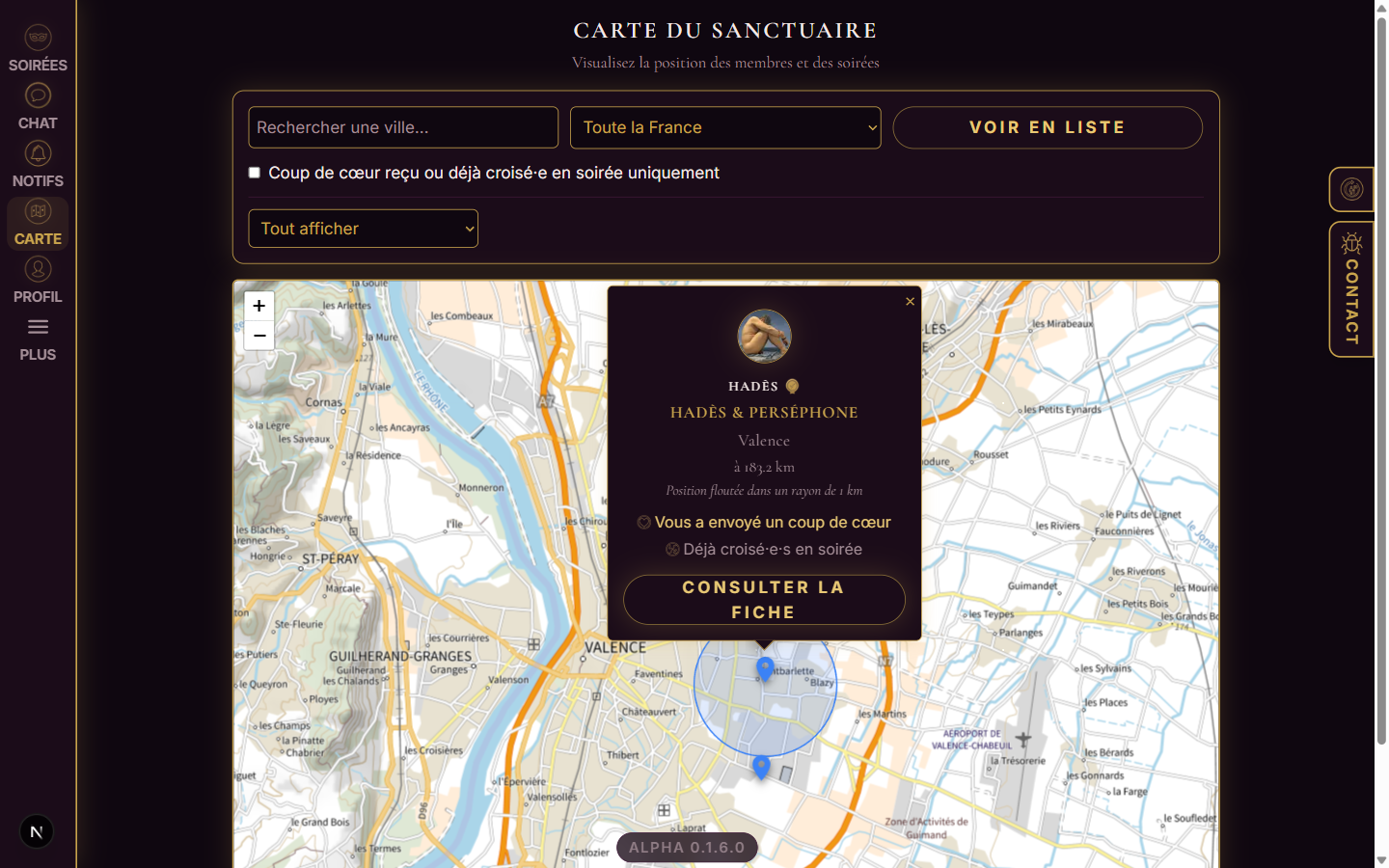 Carte du Sanctuaire, fiche popup d'un membre avec badges coup de cœur et déjà croisé
